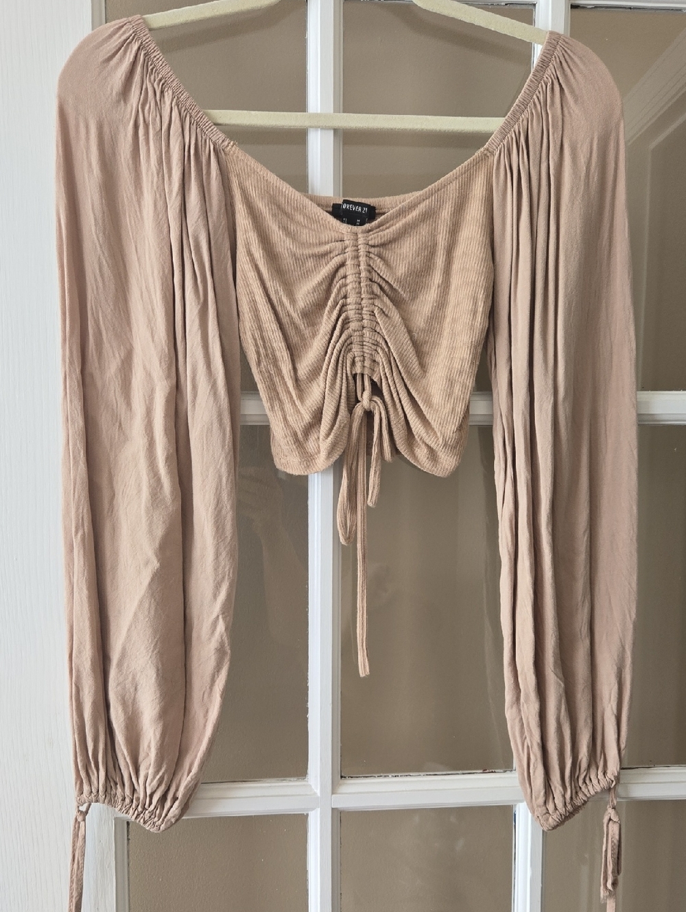 Forever 21 Beige Ruched Drawstring Long-Sleeve Crop Top